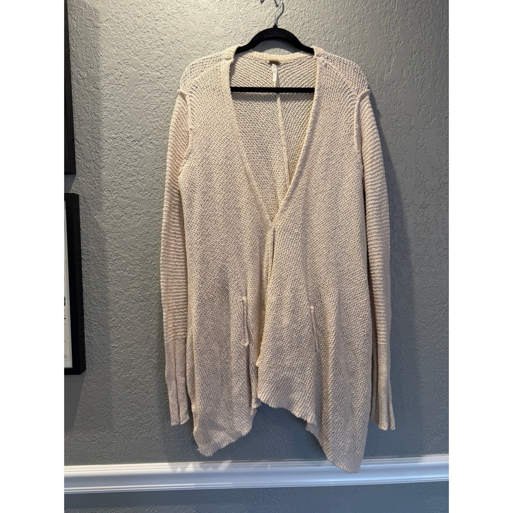 Free People Cream Knit Open Front Asymmetrical Hem Cardigan Sweater Size L
